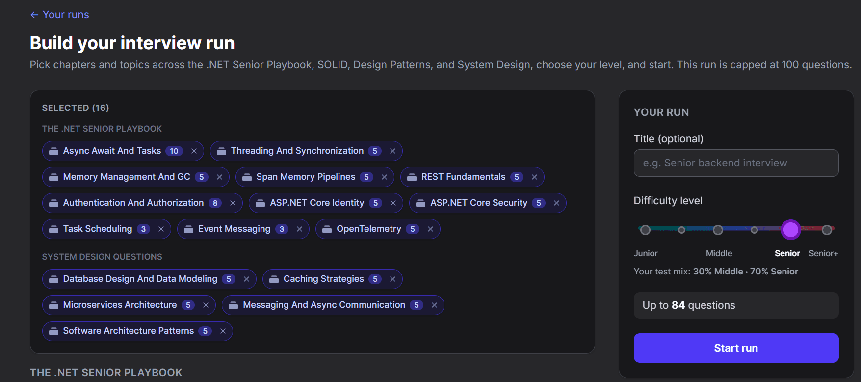 Building an interview run — picking chapters and topics and setting the difficulty level