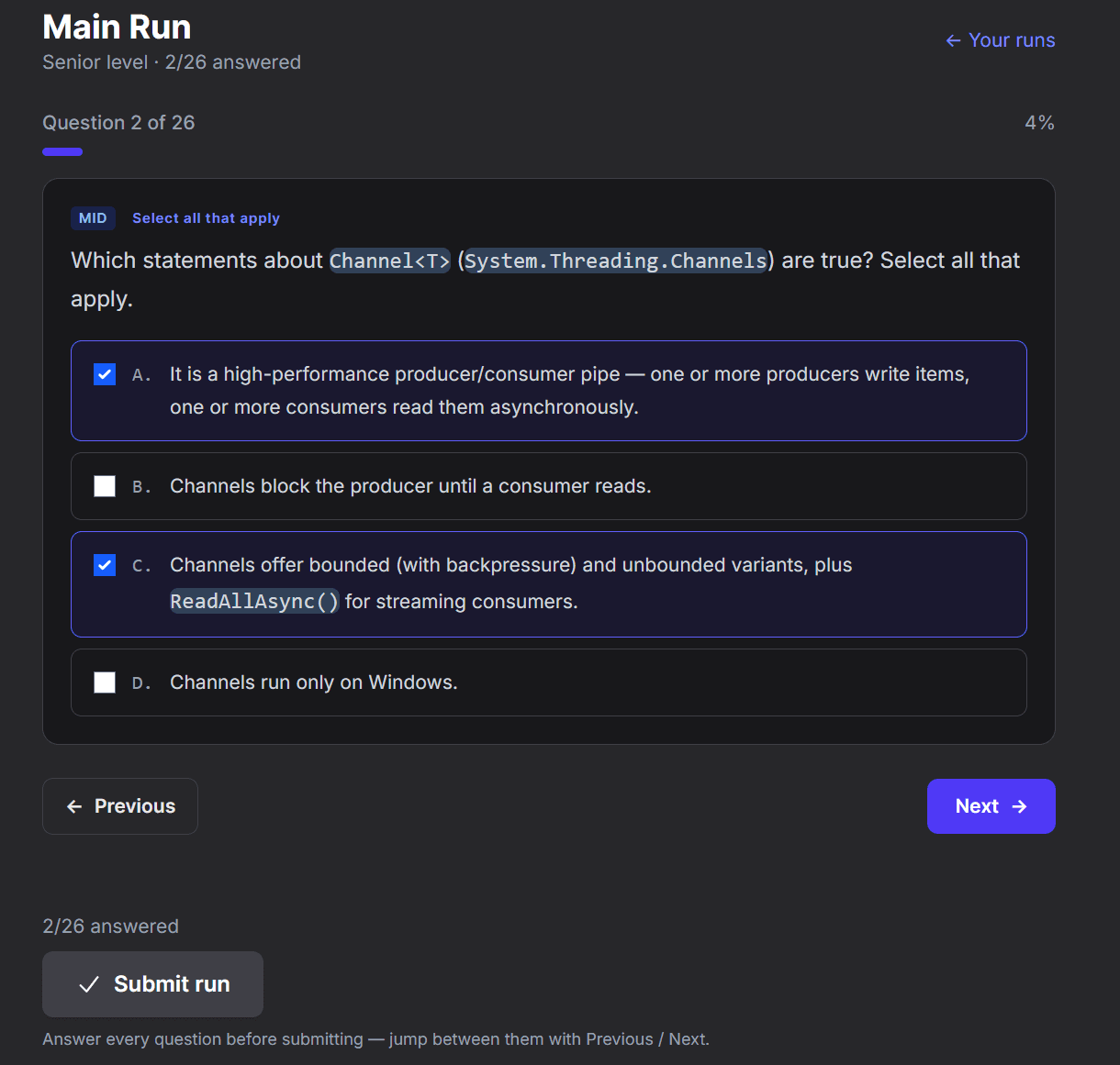 Taking an interview run — a multi-select question with Previous, Next, and Submit