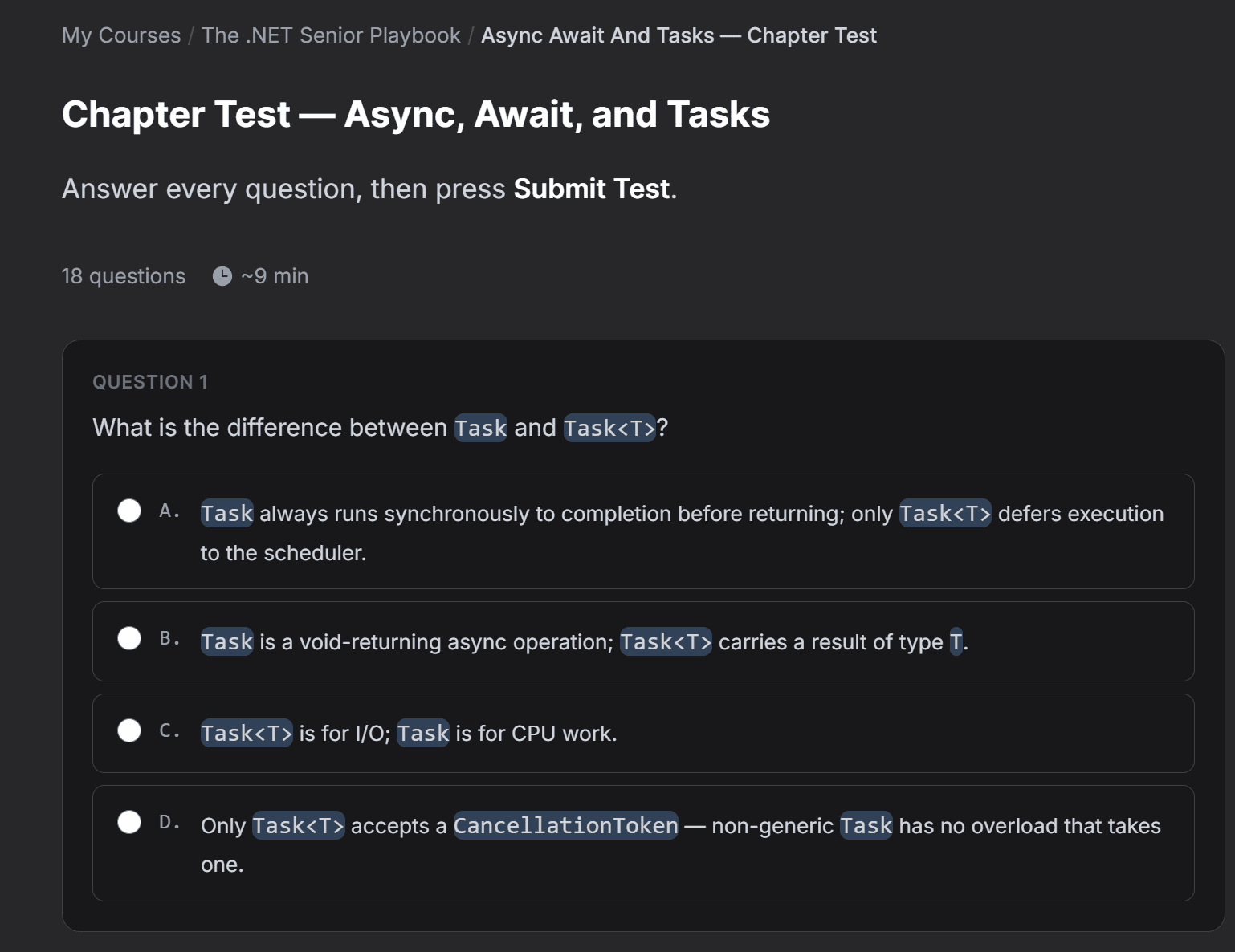 The .NET Senior Playbook — an interactive chapter test on Async, Await and Tasks with multiple-choice questions