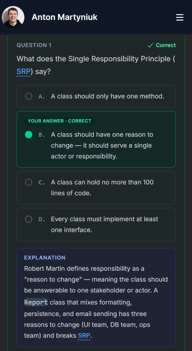 Mobile chapter test showing a correctly answered question with a green Correct badge and an explanation