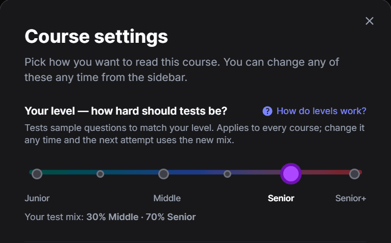 Course settings — choose your level and how hard tests should be